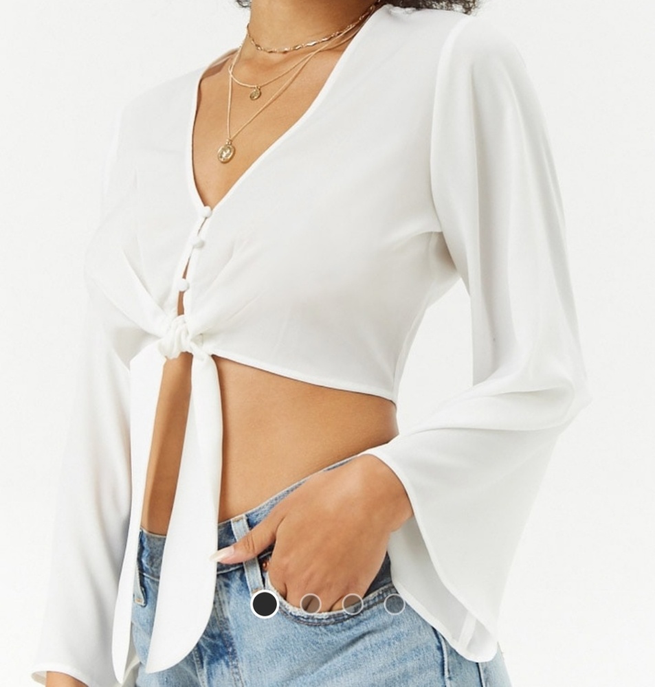Button Tie Front Semi Sheer Crop Top
